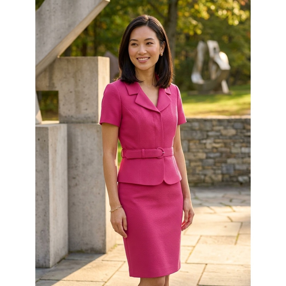 Tahari Arthur S Levine Pink Skirt Suit Set 2pc Belted Waffle Weave Prof Workwear